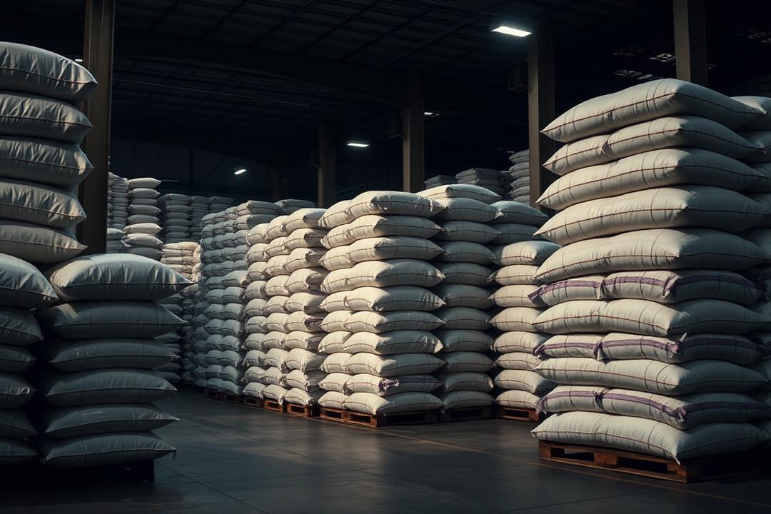 Bulk rice sacks stacked on pallets in a warehouse terminal