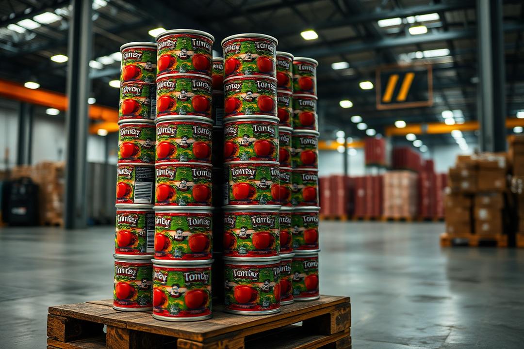 Stacked industrial tins of tomato paste on a pallet